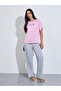 Pink Graphic Print T-Shirt and Grey Solid Straight Leg Pants Pyjama Set - 2