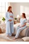 New Season Blue Muslin Fabric Button Detailed Design Short Sleeve 100% Cotton Maternity Pajama Set 3-Piece Set - 5