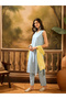 Sky Blue Embroidered Sleeveless Kurta and Pants Set with Dupatta - 4