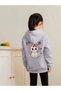 Girl's Hooded Sweatshirt with Buckle and Smile Cat Print in Gray