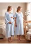 New Season Blue Muslin Fabric Buttoned Breastfeeding Compatible Design Short Sleeve 100% Cotton Maternity Maternity Dressing Gown Nightgown Set - 3