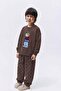 Boy's Brown Teddy Bear Printed Cotton 3-Yarn Fabric Sweatshirt and Checkered Sweatpants Undergarment Set