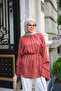 Women's Layered Sleeves, Ruffle Detail on the Front, Tie Waist Tunic, Tile Pattern - 4