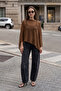 Women's Asymmetrical Transparent Knitwear Cape Poncho Caramel 26S3044
