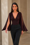 Women's Coffee Color V-Neck Draped Cape Sleeve Blouse - 5
