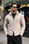 Stone Color Stand Collar Double Zipper Men's Knitwear Cardigan E7528
