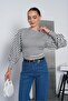 Women's Navy Blue Oysho Fabric Striped Bat Sleeve Ribbed Blouse Pc7001 - 3
