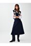 Navy Blue Zippered Waist A-Line Cotton Tencel Midi Skirt - 3