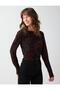 Bitter Brown Boat Neck Long Sleeve Lace Mesh Blouse - 3