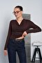 Women's Brown Degaje Collar Long Sleeve Blouse Pc7004 - 6
