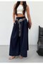 Women's Navy Blue Wide Leg Pants with Elastic Waist Frv0227