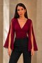 Women's Burgundy V-Neck Draped Cape Sleeve Blouse - 2