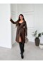 Belted Buttonless Bitter Brown Faux Leather Long Trench Coat - 7