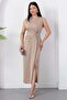 Oval Neckline Side Pleated Buckled Satin Dress K-251633