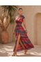 Bohemian Elegance! Women's V-Neck Ethnic Patterned Waist Elastic Detail Slit Maxi Casual Dress - 4
