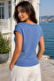 Women's Boat Neck Sleeveless Cotton Stretchy Textured Ribbed Basic Adjustable Length Indigo Knitwear Top Blouse - 8