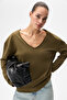 Basil V Women's Oversized Khaki Blouse with Long Sleeves and V-Neck - 2