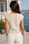 Women's Boat Neck Sleeveless Cotton Flexible Textured Ribbed Basic Adjustable Length Beige Knitwear Top Blouse - 7
