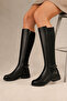 Women's Black Genuine Leather Flexible Riding Boots with Back Accessory Detail - 2