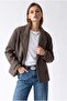 4966 Women's Double-Breasted Ribbed Short Coat with Collar Brown - 5