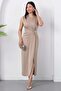 Oval Neckline Side Pleated Buckled Satin Dress K-251633 - 4