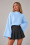Women's Blue Spanish Bat Sleeve Knitwear Sweater Ribbed Knit Cuffed High Neck Solid Color