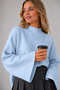Women's Blue Spanish Bat Sleeve Knitwear Sweater Ribbed Knit Cuffed High Neck Solid Color - 4