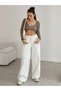 Women's Ecru High Waist Palazzo Wide Leg Cotton Jean Trousers - 4