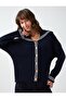 Navy Blue Draped Collar Stripe Detailed Knitwear Cardigan - 3
