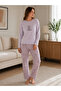 Women's Long Sleeve Crew Neck Plus Size Lavender Pattern Cotton Pajama Set - 3