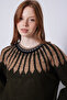 Jacquard Patterned Crew Neck Tricot Sweater Khaki - 3