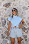 Blue Shoulder Buttoned Crop Blouse - 3