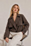 Women's Brown Lined Crop Trench Coat with Lapel Buttons, Elegant Textured Premium Jacket - 2