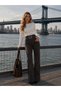 Women's High Waist Faded Effect Vintage Belted, Waist Tassel Leg Tassel with Lycra Palazzo Jean - 4