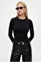 Women's Remy Waist-Fitted Back Tie Combed Cotton Black Long Sleeve Knitted Blouse - 2