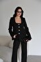 Open Collar Stone Buttoned Padded Black Blazer Jacket - 5