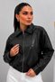 Women's Leather Jacket Short Double Pockets Elastic Waist Long Sleeve Zipper Low Shoulder Faux Leather Coat - 4