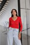 Red V-Neck Gathered Front Blouse - 3