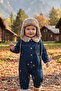 Unisex Baby Plush Collared Teddy Bear Embroidered Denim Overalls and Hat 2-Piece Set 9-24 Months - 3
