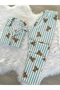 Green Striped Teddy Bear Patterned Suede Shirt Collar Long Sleeve Pajama Set - 4