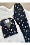 Black Cookie Man Patterned Suede Shirt Collar Long Sleeve Pajama Set - 3