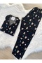 Black Cookie Man Patterned Suede Shirt Collar Long Sleeve Pajama Set - 4