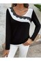 Women's Long Sleeve Round Neck Double Color Lace Detailed Viscose Blouse - 4