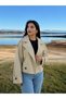 Women's Beige Short Trench Coat Oversize Double-Breasted with Pockets