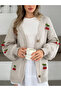 Women's Cherry Pattern Embroidered V-Neck Buttoned Oversize Long Sleeve Knitwear Cardigan - 6