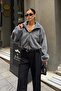 Women's Gray Stand Collar Faux Fur Jacket - 3