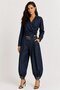 Women's Navy Blue Denim Look Double-Breasted Blouse and Shalwar Pants 2-Piece Set
