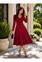 Timeless Elegance Women's Double Breasted Collar Pleated Long Sleeve Flared Midi Crepe Dress - 2