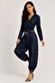 Women's Navy Blue Denim Look Double-Breasted Blouse and Shalwar Pants 2-Piece Set - 2