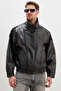 Zippered Stand Collar Faux Leather Coat - 6